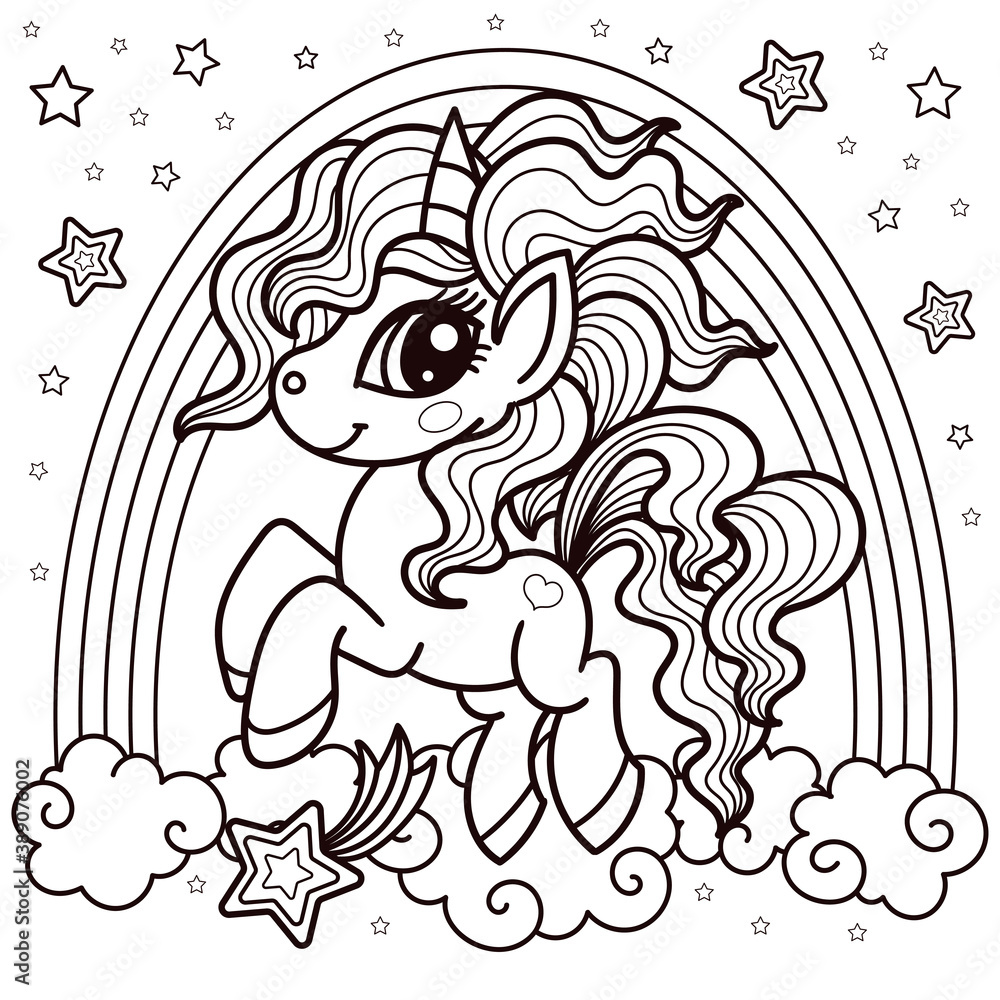 Little unicorn and rainbow. Black and white image. Doodle style. For baby design Vector