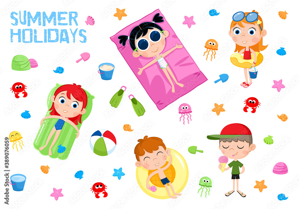 Obraz premium Kids and Beach party - Collection - Cartoon illustration suitable for summer party invitations, greeting cards, kids party card template - Beach elements - Isolated 