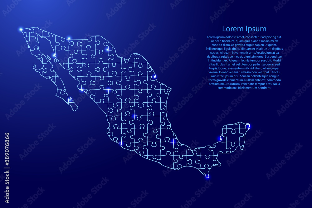 Mexico map from puzzles blue line and glowing space stars parts mosaic grid. Vector illustration.