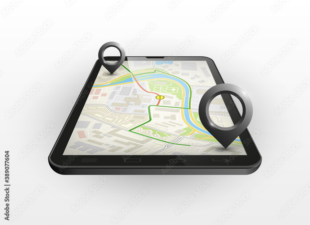 City map route delivery navigation smartphone, phone point marker, drawing schema, simple city plan GPS navigation tablet, itinerary destination arrow paper city map Route delivery check point graphic