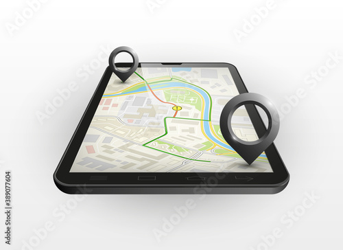 City map route delivery navigation smartphone, phone point marker, drawing schema, simple city plan GPS navigation tablet, itinerary destination arrow paper city map Route delivery check point graphic