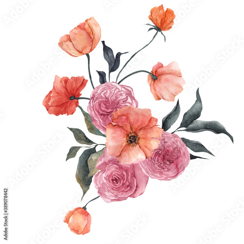 Watercolor illustration with delicate flowers and citrus, lemon, tangerine, isolated on white background