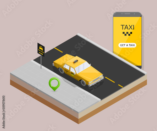 Yellow isometric taxi cab banner. Online navigation application order taxi service. Isometry car isometric route banner. 3D taxi classic vehicle itinerary road. Get a taxi online phone application