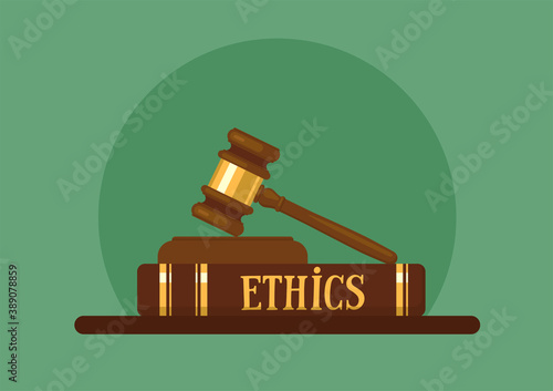 Legal ethics. Judge gavel on book with lettering. Vector illustration