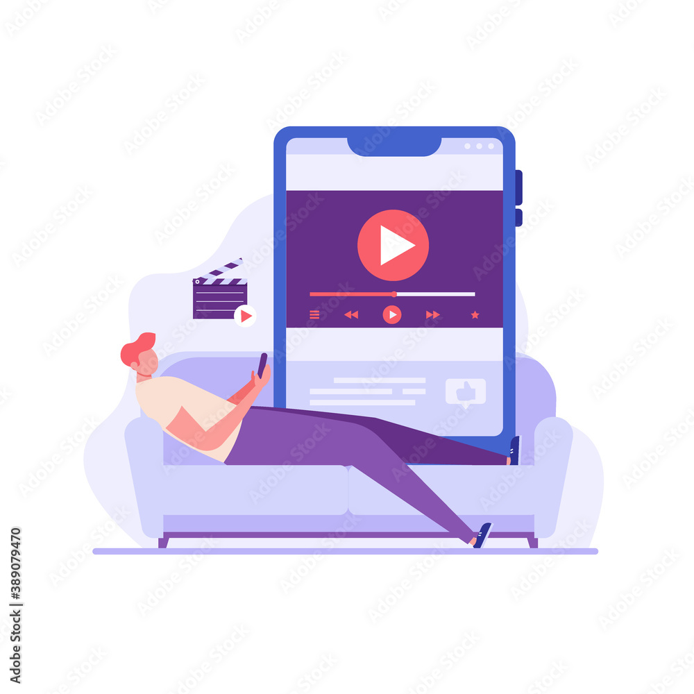 Man with phone broadcasts live and watching streaming service with clapper. Streaming cinema concept. Concept of video marketing, online cinema. Vector illustration for UI, web banner, mobile app Man with phone broadcasts live and watching streaming service with clapper. Streaming cinema concept. Concept of video marketing, online cinema. Vector illustration for UI, web banner, mobile app