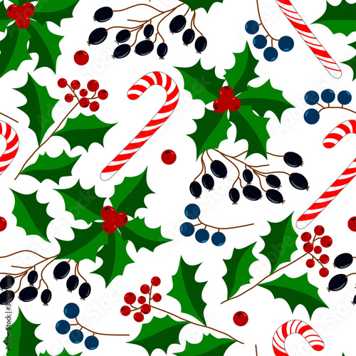 Vector image, seamless pattern. Christmas background, sweets, candies, berries, New Year. Patern for wrapping paper and clothes, Christmas style.