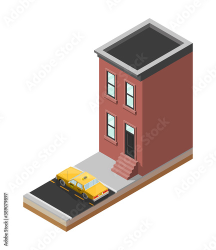 Yellow cab banner isometric. Online navigation application order taxi service. Isometry car building isometric route banner. 3D taxi classic vehicle itinerary road. Get a taxi online phone application