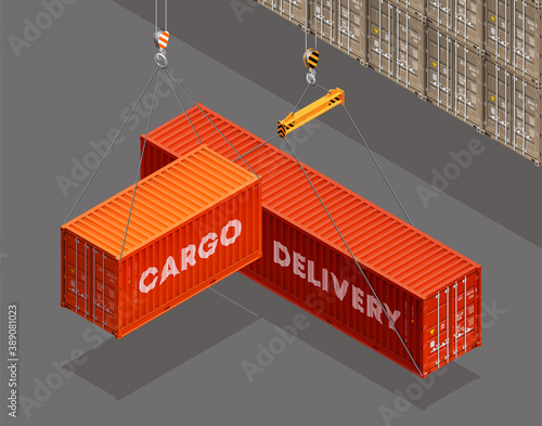 3D Isometric shipping cargo 20 and 40 ft container with closed doors. Large metal 40 foot containers for transportation. Delivery of cargo shipping. illustration