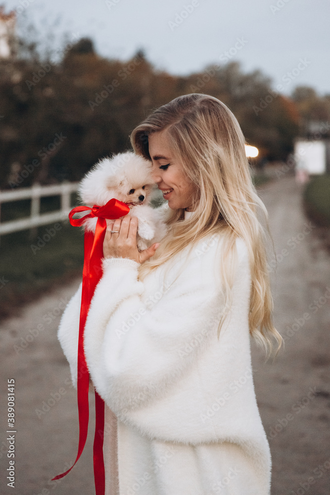 Beautiful young couple in autumn walks with dogs, pomeranian, in the park Beautiful young couple in autumn walks with dogs, pomeranian, in the park