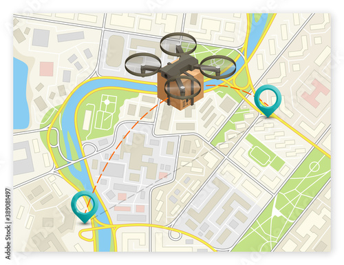 Drone delivery above the flat city map concept banner. Quadcopter flying over a map and carrying a package to customer. 3d isometric icon