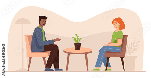 Session with a psychologist. Interview with a celebrity. Consultation with a coach. Vector illustration.