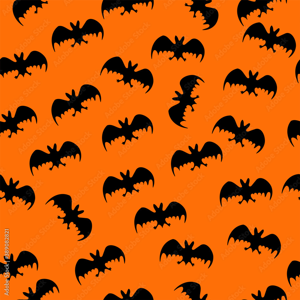 Halloween pattern with bats on orange background, Day of the Dead festive background, seamless pattern, vector Halloween pattern with bats on orange background, Day of the Dead festive background, seamless pattern, vector