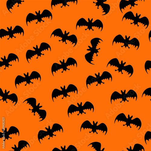 Halloween pattern with bats on orange background  Day of the Dead festive background  seamless pattern  vector