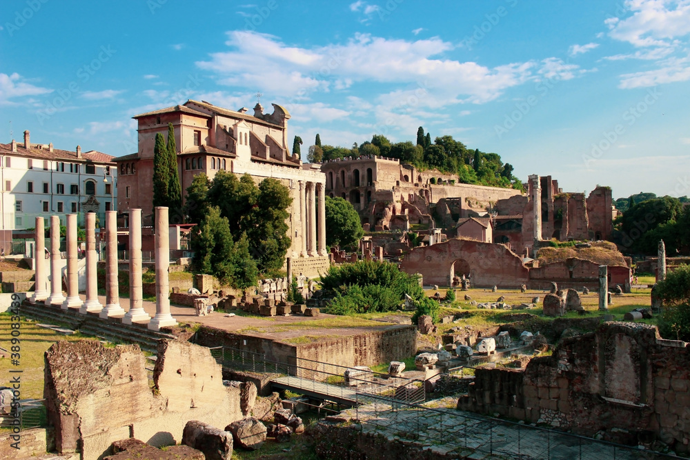 Rome/Italy-October 25,2020: Roman Forum. Ancient Roman Forum on a sunny day. Tourists going for a sightseeing to Rome .The tourism economy has been heavily hit by the coronavirus (COVID-19) pandemic, 