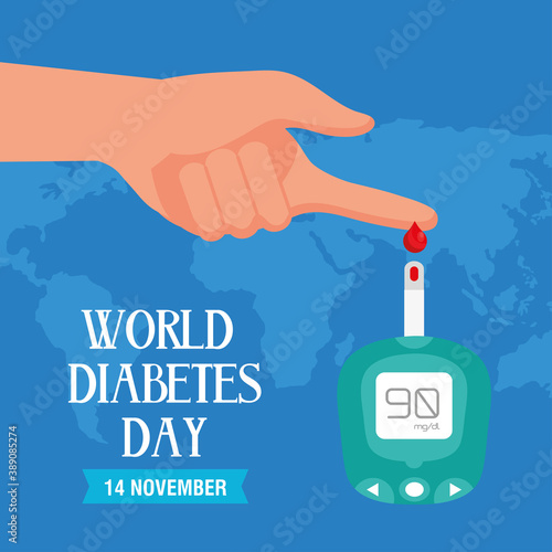 world diabetes day campaign with glucometer with finger human vector illustration design