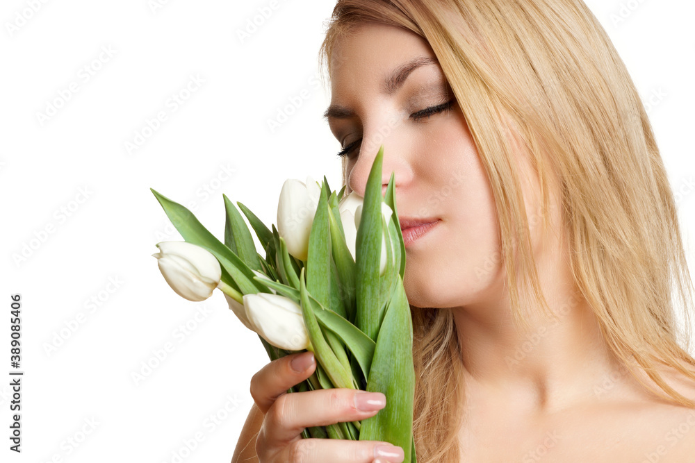 Frau riecht an Tulpen Frau riecht an Tulpen