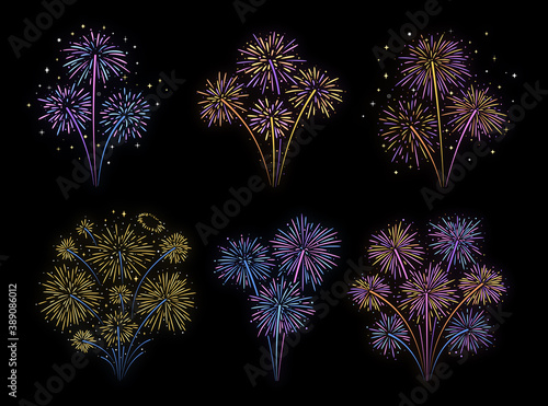 Festive fireworks. Firework explosions with sparks and glow effect. Hand drawn colorful bursts, vector set