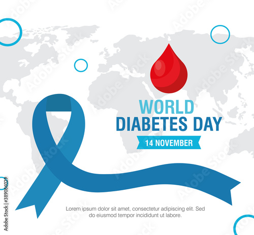 world diabetes day campaign with blue ribbon and blood drop in earth planet vector illustration design