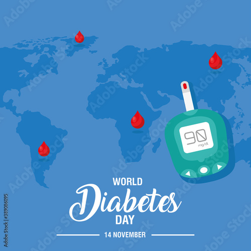 world diabetes day campaign with glucometer and earth planet vector illustration design