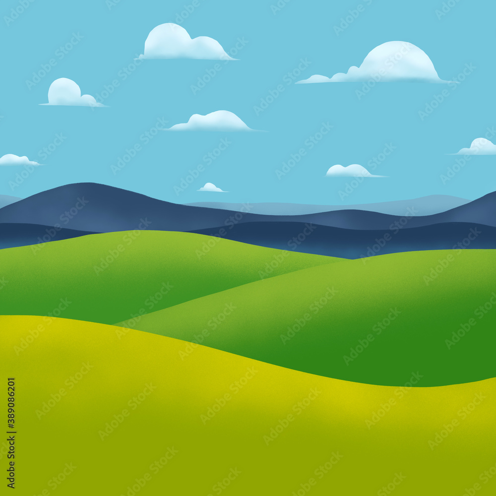 landscape spring green hills blue sky with organic texture illustration