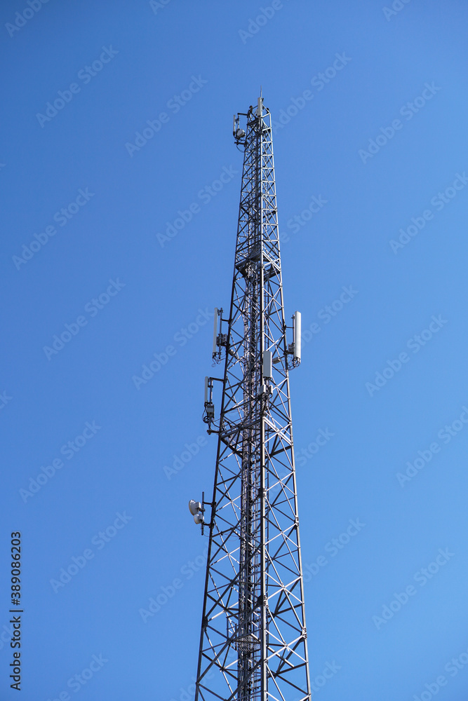 Telephone station transmitting gsm mobile signal. Tower transmitting 5g, 4g internet around the world. Pollution of the natural environment