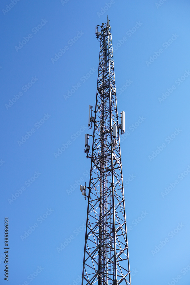 Telephone station transmitting gsm mobile signal. Tower transmitting 5g, 4g internet around the world. Pollution of the natural environment Telephone station transmitting gsm mobile signal. Tower transmitting 5g, 4g internet around the world. Pollution of the natural environment