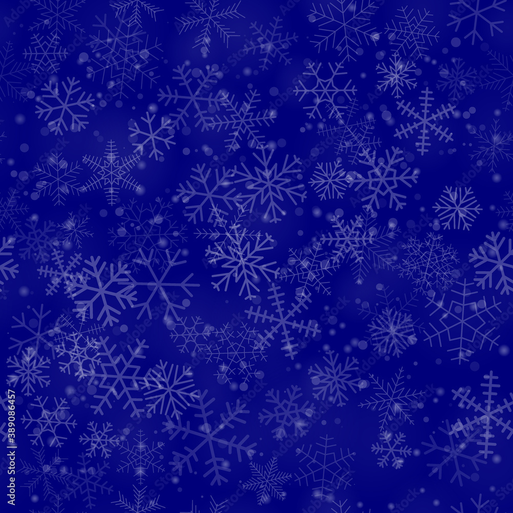 Christmas seamless pattern of snowflakes of different shapes, sizes and transparency, on blue background