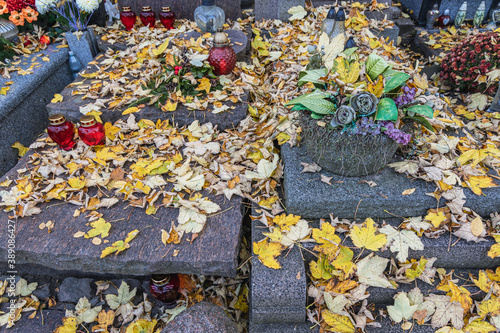 Autumnal leaves on a grave on Wolski Cemetery just before All Saints Day in Warsaw, capital of Poland