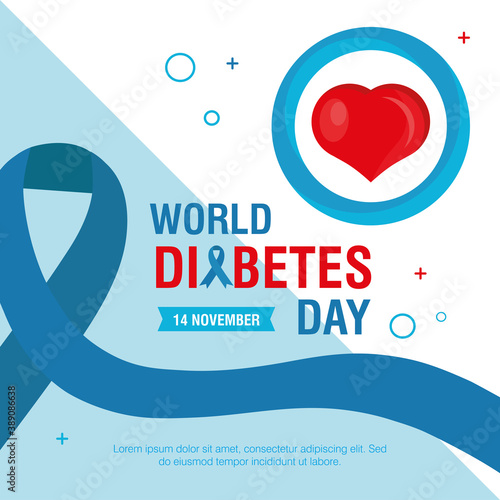 world diabetes day campaign with blue ribbon and heart vector illustration design
