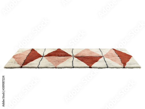 Modern light beige fluffy rectangular carpet with a red-pink triangular pattern. 3d render