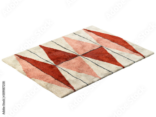 Modern light beige fluffy rectangular carpet with a red-pink triangular pattern. 3d render
