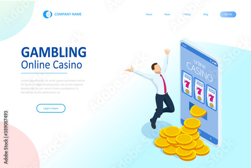 Isometric Online Casino Concept. Online Big Slots Casino Marketing Banner, Gaming Apps Web landing page template.