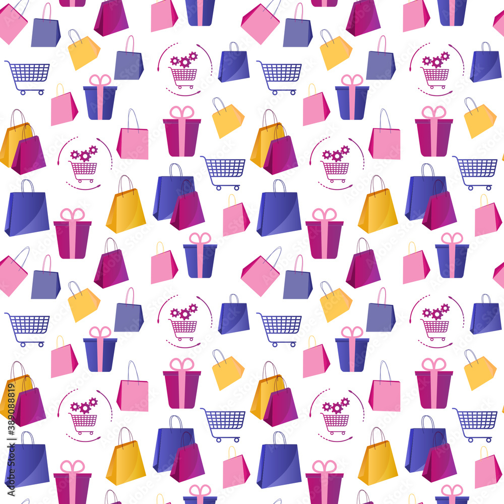 Colorful seamless pattern with shopping. Illustration in flat style with boxes and packages