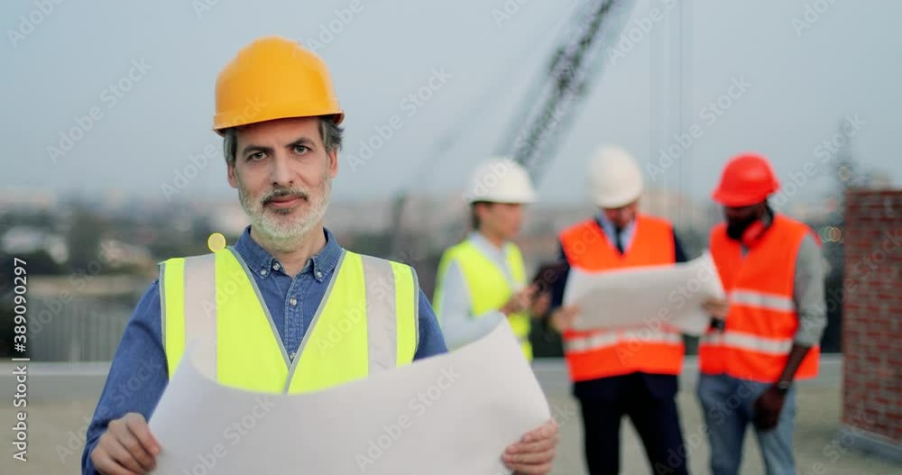 Portrait of handsome senior Caucasian man in casque hoding construction draft plan and looking a camera. Good looking male builder with beard at building outdoors. Construct concept. Portrait of handsome senior Caucasian man in casque hoding construction draft plan and looking a camera. Good looking male builder with beard at building outdoors. Construct concept.