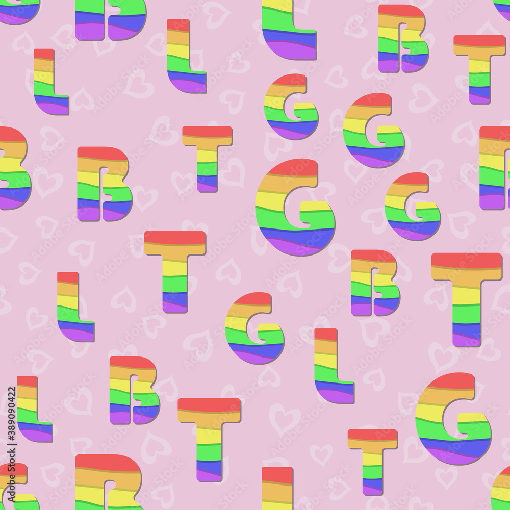 Seamless pattern with letters LGBT isolated on a pink background with hearts. Transgender gay pride background, homosexuality rights concept. Seamless pattern with letters LGBT isolated on a pink background with hearts. Transgender gay pride background, homosexuality rights concept.