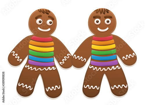 Gay gingerbread men love couple. Sweet and cute christmas cookies with pride flag colored sugar frosting t-shirts. Isolated vector illustration on white background.
