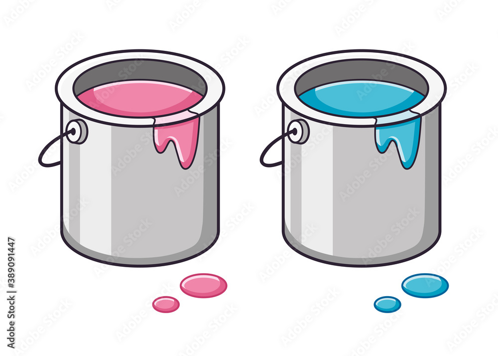 Pink and blue paint bucket can isolated