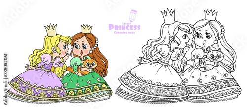 Two cute princesses gossip or secret one of them has a cat outlined and color for coloring book
