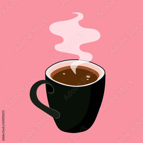 Black cup of coffee or tea on a light gentle, pink background. Vector, flat.