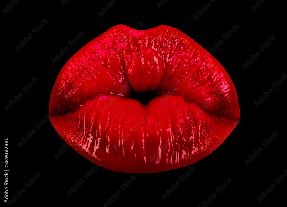 Fototapeta premium Sexy lips kiss, sensual plump kissing mouth. passion kisses. Woman kissed on black background.