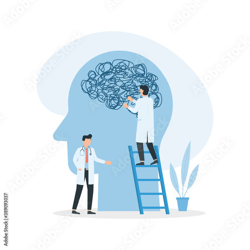 Psychotherapy. Doctor untangling a brain knot.