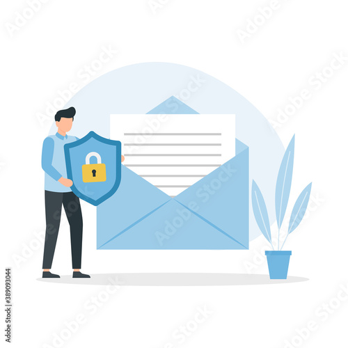 Concept of encryption of emails. Internet data protection, business assets security system.