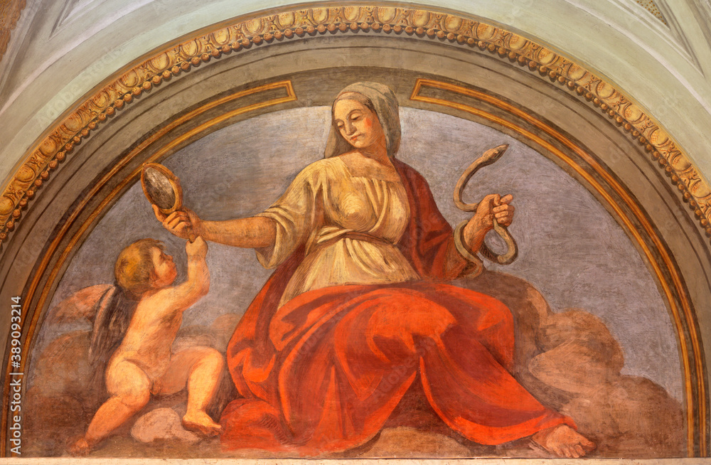 ROME, ITALY - MARCH 9, 2016: The fresco of virtue Prudence in church Chiesa di San Silvestro in Capite by Francesco Trevisiani  (1656 - 1746).