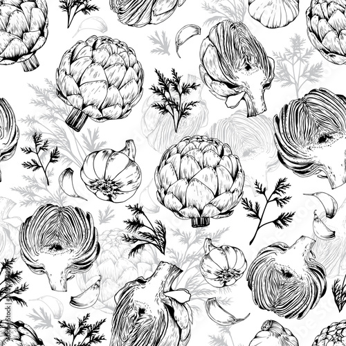 Seamless pattern with fresh artichokes, garlic and parsley.
