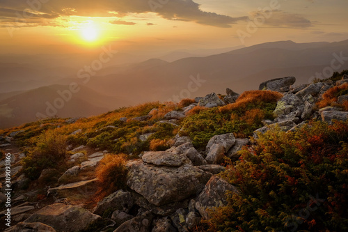 Carpathian mountain range autumn time at sunset