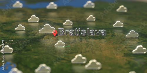 Bratislava city and cloudy weather icon on the map, weather forecast related 3D rendering