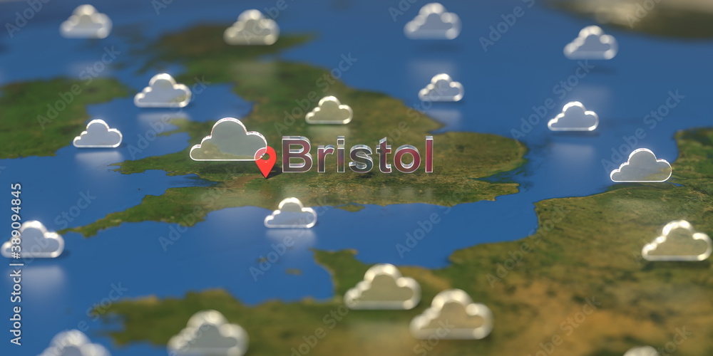 Cloudy weather icons near Bristol city on the map, weather forecast related 3D rendering Cloudy weather icons near Bristol city on the map, weather forecast related 3D rendering