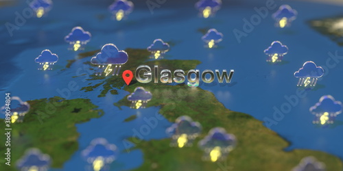 Glasgow city and stormy weather icon on the map, weather forecast related 3D rendering