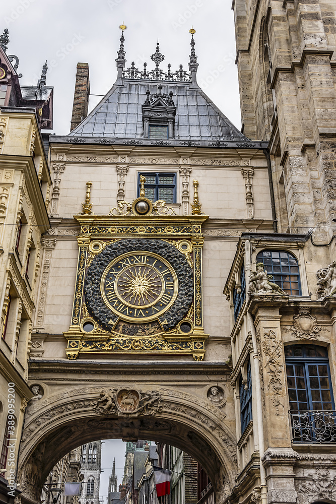 Great-Clock (Gros Horloge) - astronomical clock located in Gros Horloge Street. Clock mechanism one of oldest in France, movement made in 1389. Rouen, Seine-Maritime department, Upper Normandy, France Great-Clock (Gros Horloge) - astronomical clock located in Gros Horloge Street. Clock mechanism one of oldest in France, movement made in 1389. Rouen, Seine-Maritime department, Upper Normandy, France