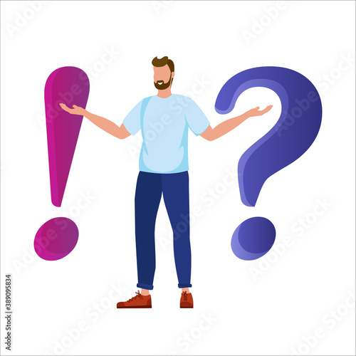 Metaphor question answer. Concept illustration of frequently asked questions of exclamation marks and question marks. Iillustration with a man and signs.